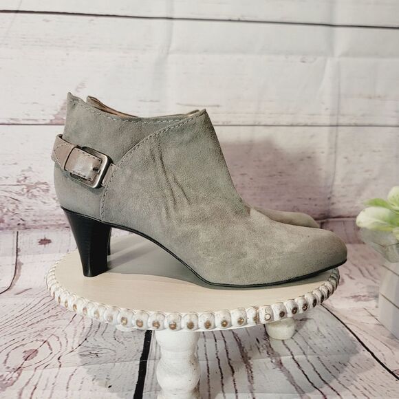 Cole Haan Gray Suede Leather Ankle Heeled Buckle Zip Booties Size 9.5B - Picture 15 of 16